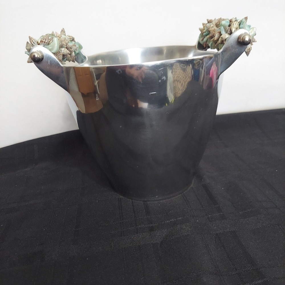 Zodax‎ Polished Aluminum Ice Bucket Sea Shell Handles Nautical Coastal IN-3755